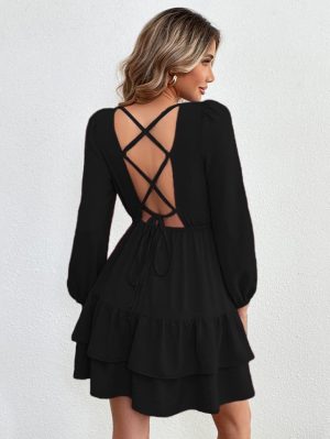 Dresses |  Womens Tie V-Neck Smock Mini Dress Clothing Black