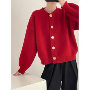 Sweaters & Cardigans |  Womens Crew Neck Cardigan Clothing Red