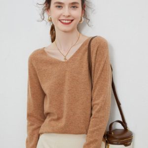 Sweaters & Cardigans |  Womens Fine Knit V-Neck Sweater Clothing Beige